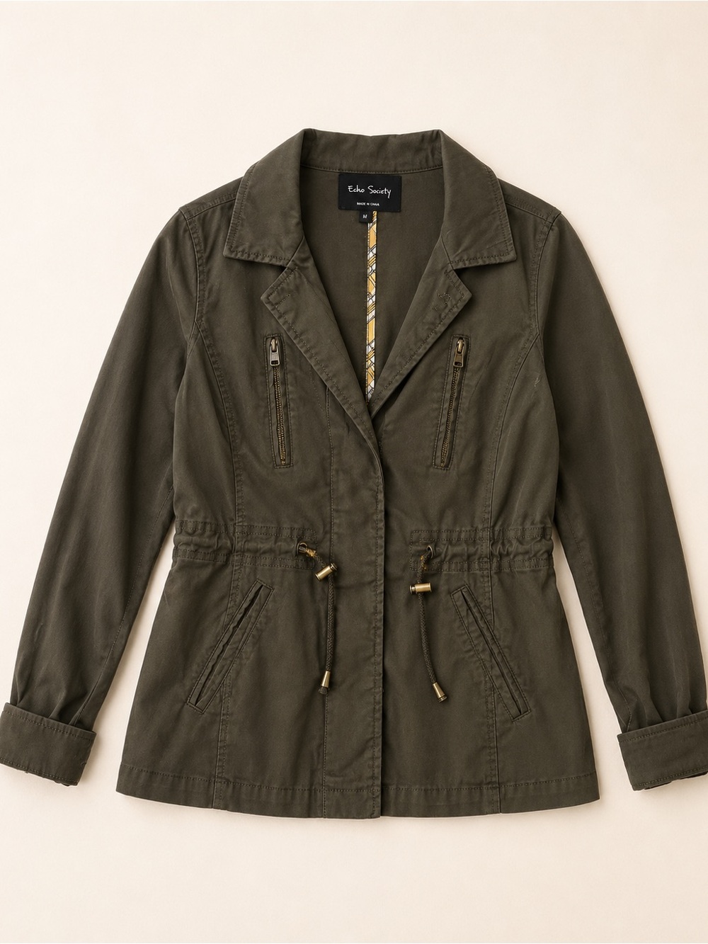 Society Olive Green Utility Jacket with Drawstring Waist